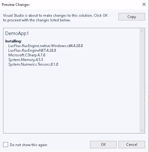 Screenshot of the confirmation dialog for adding fluxEngine's .NET API as a dependency to the current project