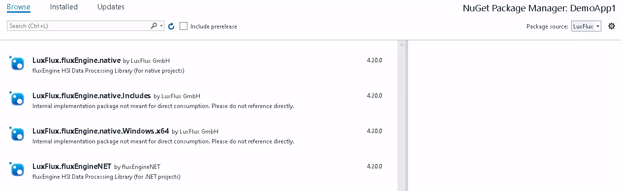 Screenshot of the available NuGet packages in the LuxFlux package repository